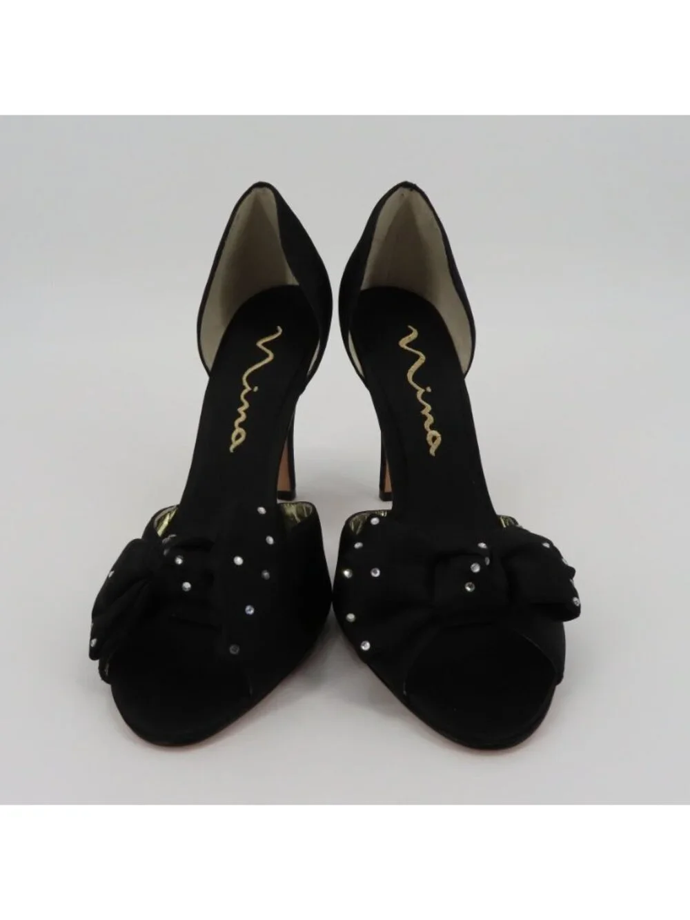 Nina Women 9.5 M Black Satin Fabric Bow Rhinestone Peep Toe Dorsay Heels Shoes